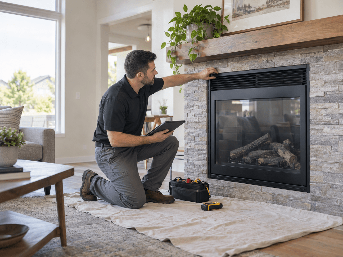 Editorial image of a technician inspecting a switched-off modern gas fireplace