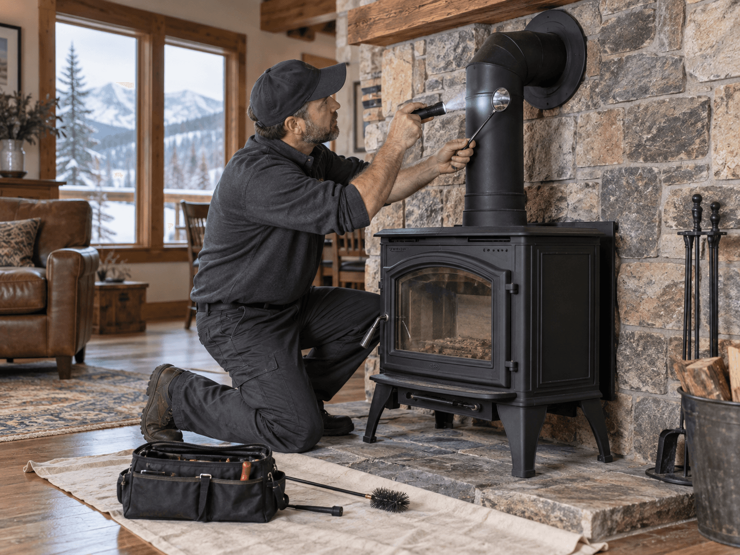 Editorial image of a technician inspecting a cold wood-stove vent connection in a mountain home
